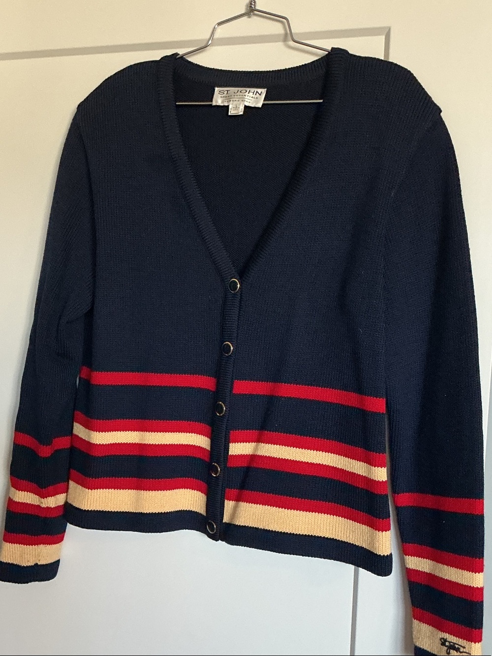 St. John Navy Cardigan with Red & Cream Stripes